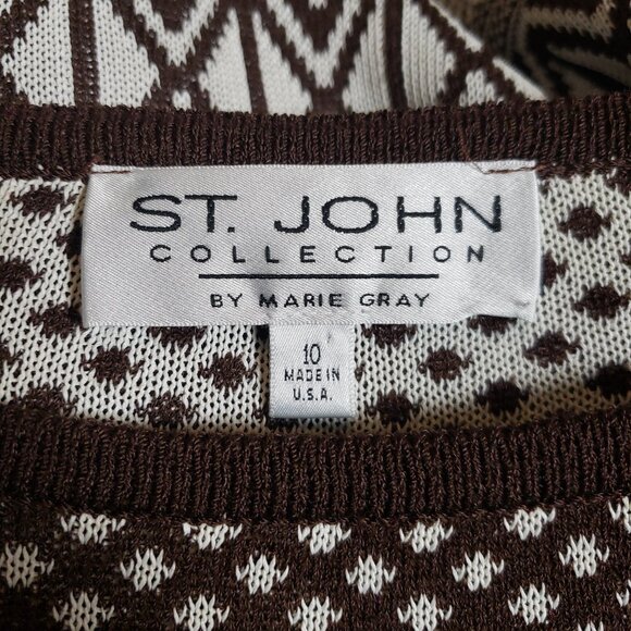 St. John Coll VTG White Cocoa Brown Sweater in Classic Geometric Knit Pattern 10 - Picture 12 of 12